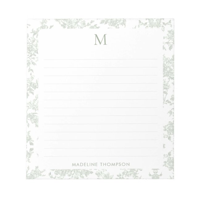 Bloc-note Toile de Jouy Botanique Classique Monogramme Vert  (Devant)