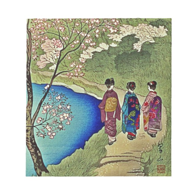 Bloc-note Trois Geishas par l'eau Jaune Bois Art (Devant)