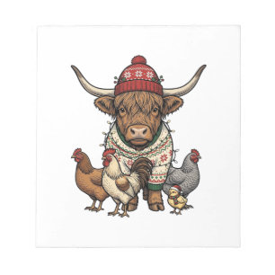 Bloc-note Vache Highland et poulets de Noël Gravure vintage