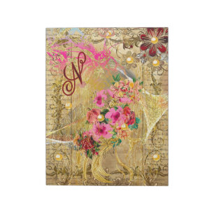Bloc-note Vintage Ephemera rose Floral Pearles d'or Monogram