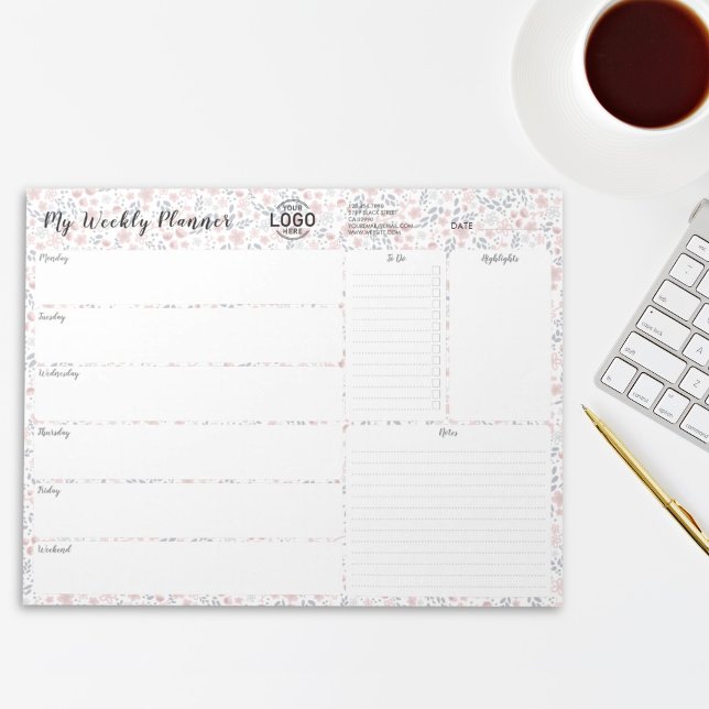 Bloc-note Votre Logo Rose Floral Planner Semaine Non Daté (Créateur téléchargé)