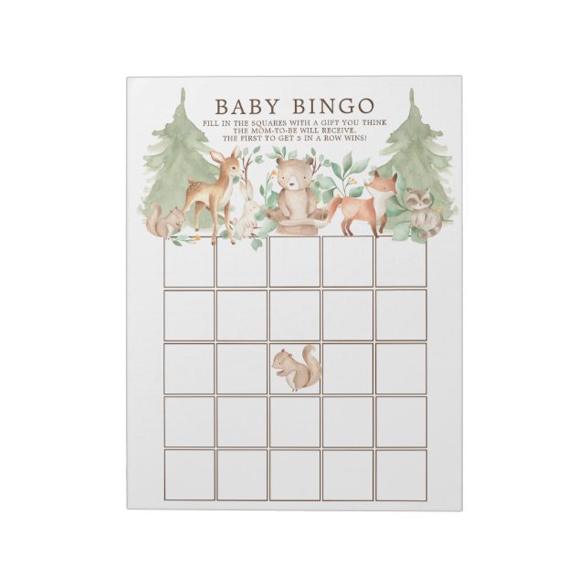 Bloc-note Woodland Forest Animaux Baby shower Bingo Jeu (Tourné)