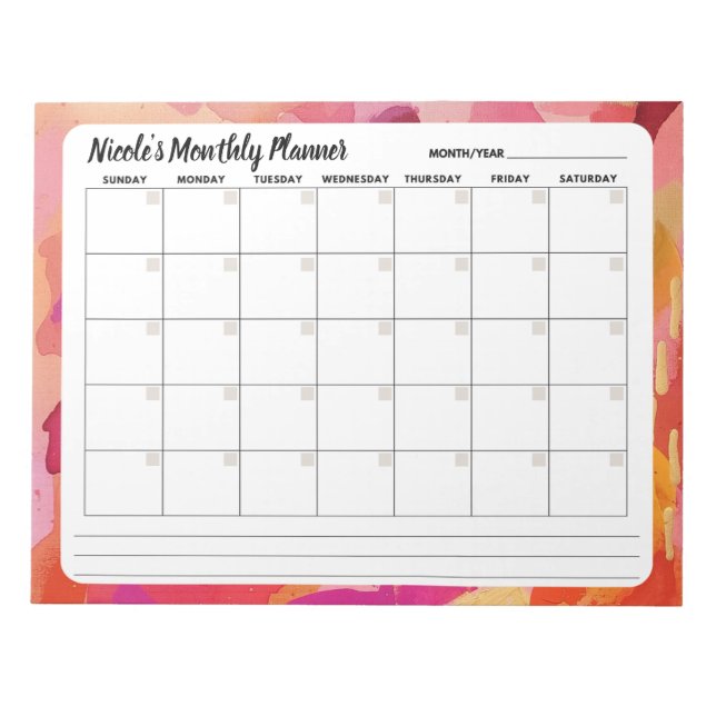 Bloc-notes Calendrier mensuel Abstrait rose orange (Devant)