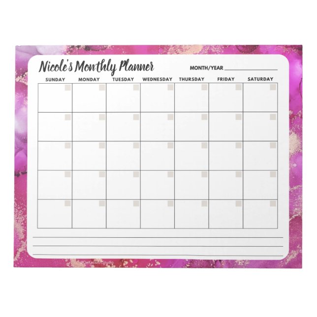 Bloc-notes Calendrier mensuel rose et or (Devant)