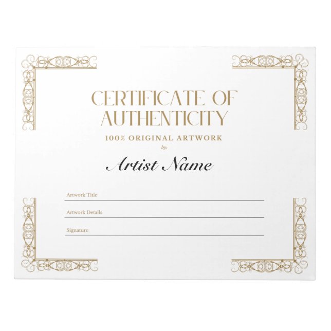 Bloc-notes de certificat d'authenticité personnali (Devant)