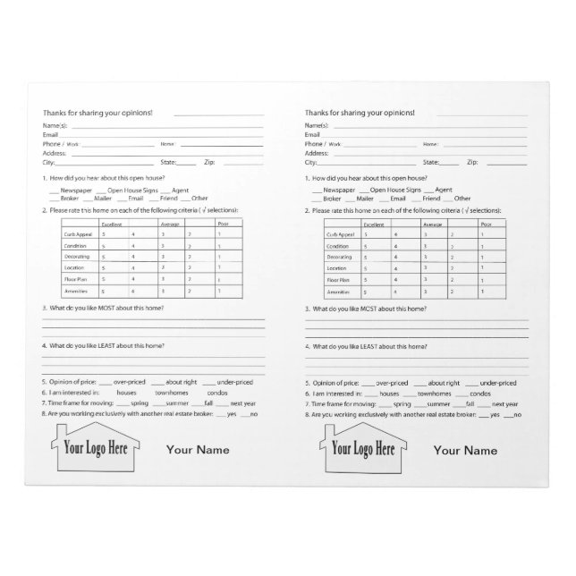 Bloc-notes de commentaires Open House Real Estate (Devant)