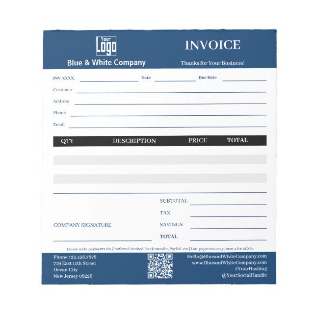 Bloc-notes de facturation bleu pour professionnel  (Devant)