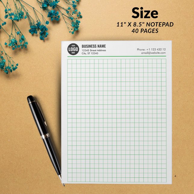 Bloc-notes de grille personnalisé de 5 m² avec log (Custom Grid Notepad 5 Sq/Inch with Logo & Info - GREEN GRID -)