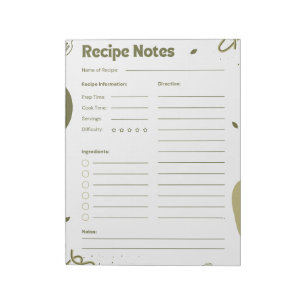 Bloc-notes de recettes esthétique simple vert pour