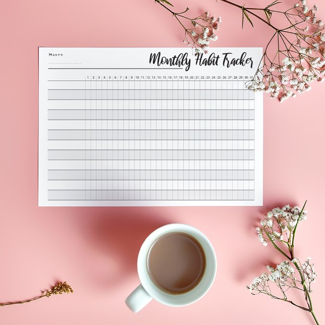 Bloc-notes de suivi mensuel (Minimalist monthly habit tracker pad with modern script and clean grid layout.)