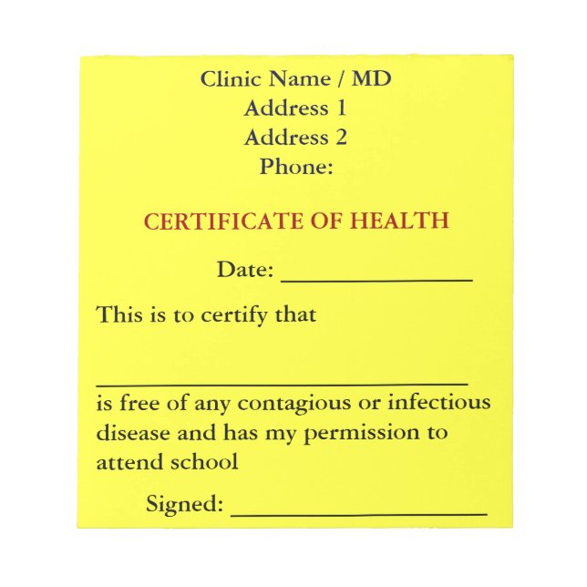 Bloc-notes du certificat de santé (jaune canarien) (Devant)