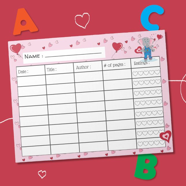 Bloc-notes du journal de lecture pour enfants de f (Cute February kid reading log with a cartoon elephant and little hearts .)