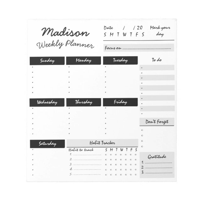Bloc-notes personnalisé du planificateur hebdomada (Devant)