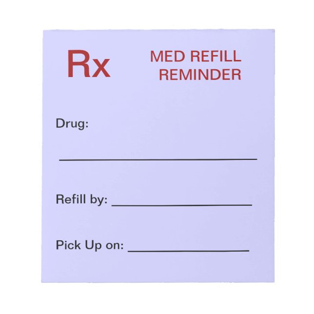 Bloc-notes pour rappel de reremplissage de médicam (Devant)