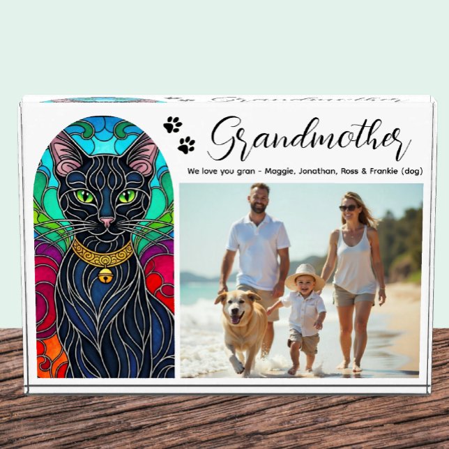 Bloc Photo Chat noir avec Jingle Bell Art Mosaic, Grand-mère (Vintage Black Cat Family Photo Block / Grandmother)