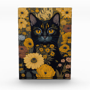 Bloc Photo Chat Noir Yeux Jaunes Fleurs Vintage