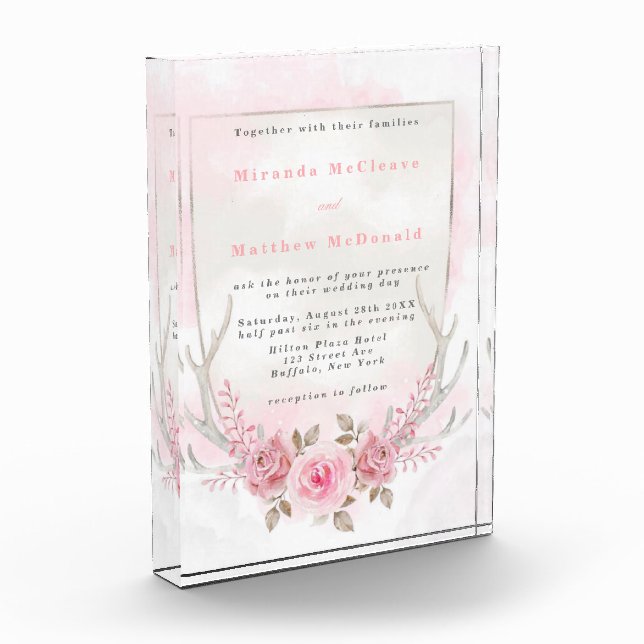 Bloc Photo Chic Pink Sage Peony Deer Antlers Mariage Invitati (Gauche)