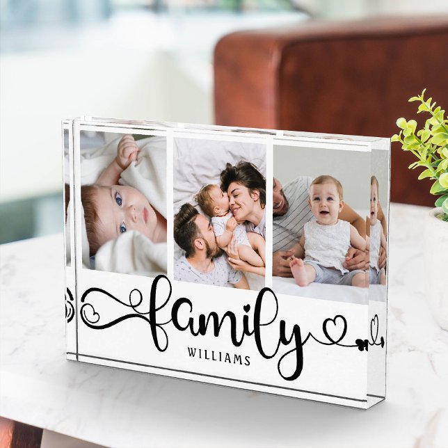 Bloc Photo Collection de script familial moderne Simple Photo (Triple the love! Our custom family photo block, cute script, and a trio of cherished moments.)