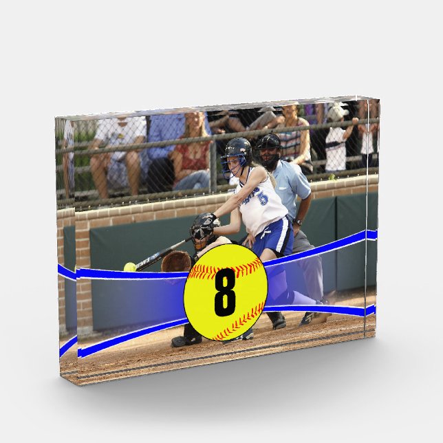 Bloc Photo Cube photo de softball bleu personnalisable (Gauche)
