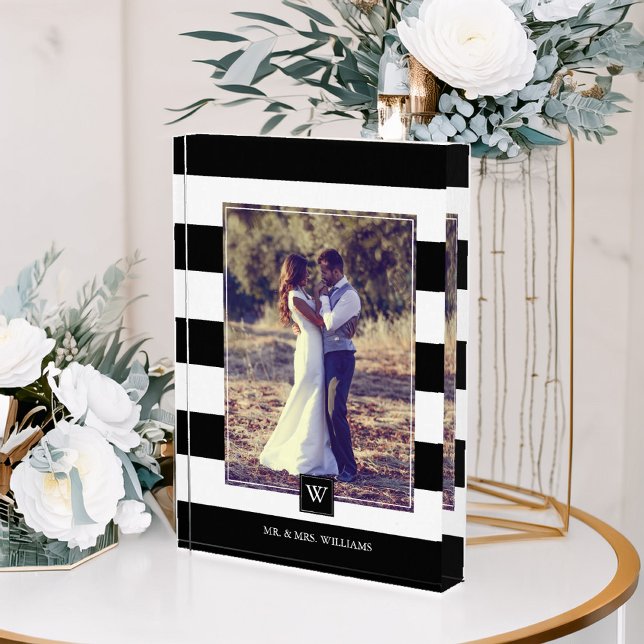 Bloc Photo Élégant noir et blanc rayures Monogramme (Créateur téléchargé)