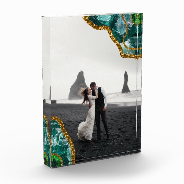 Bloc Photo Emerald Green Gold Agate Geode Mariage Photo (Gauche)