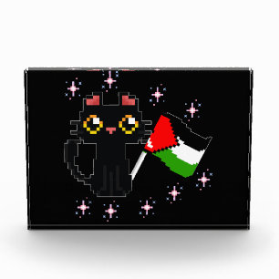 Bloc Photo joli chat noir tenant le drapeau de la Palestine