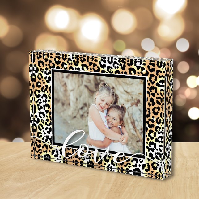 Bloc Photo LOVE Script Overlay Leopard Motif animal (Pesonalized acrylic photo block is 5" x 7" and 1" thick, stands without support on flat surface.)