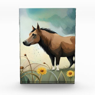 Bloc Photo Mignonne poney brun dans le champ floral