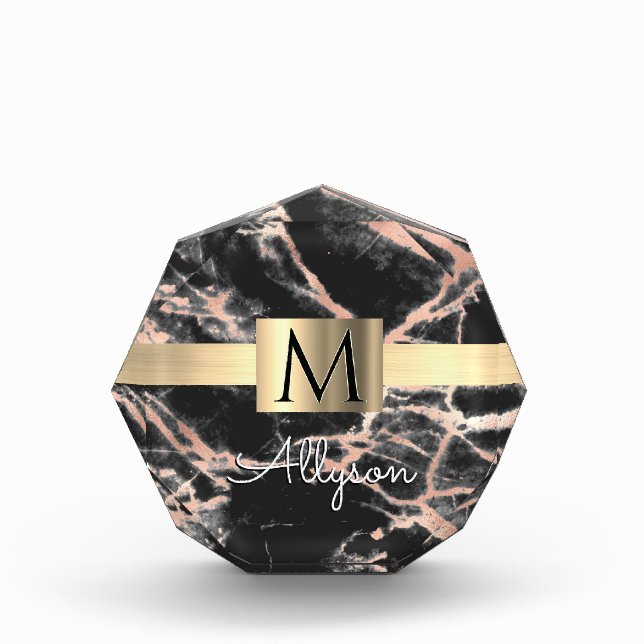 Bloc Photo Noir & Rose Gold Marble Boîte, Nom & Monogramme (Devant)
