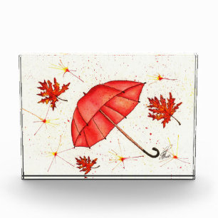 Bloc Photo Parapluie rouge vif et aquarelle feuille rouge