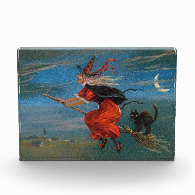 Bloc Photo Sorcière volant avec chat noir la nuit d'Halloween (Devant)