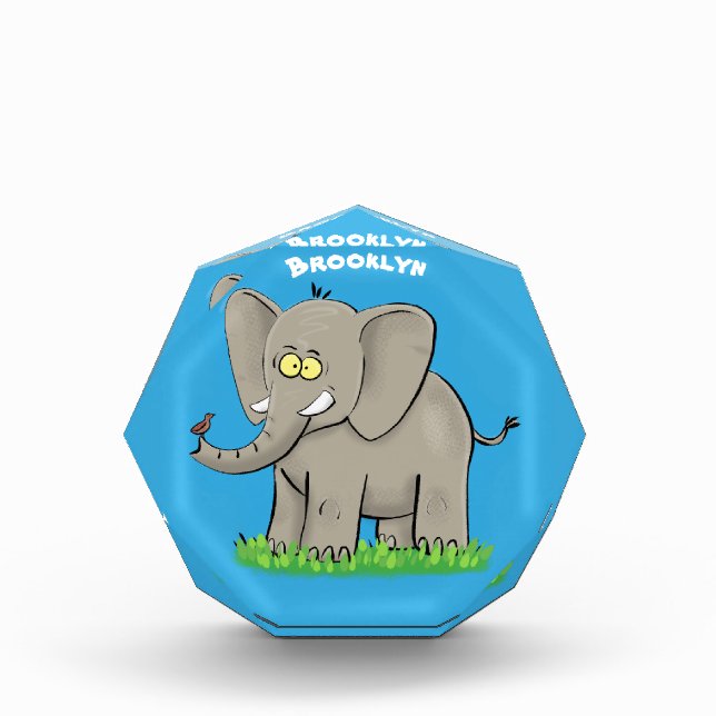 Bloc Photo Un joli éléphant drôle avec un oiseau sur le tronc (Devant)