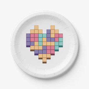 Block Game Heart Retro Style Paper Plate