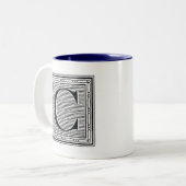Block Letter "C" Woodcut Woodblock Inital Two-Tone Coffee Mug (Front Left)