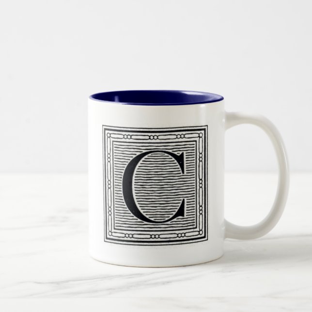 Block Letter "C" Woodcut Woodblock Inital Two-Tone Coffee Mug (Right)