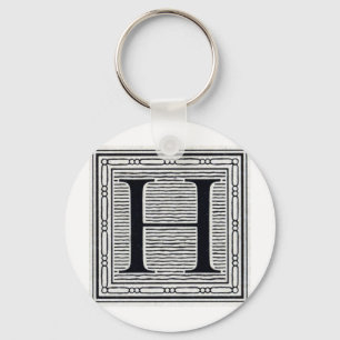 Block Letter "H" Woodcut Woodblock Inital Keychain