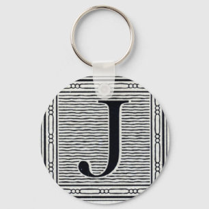 Block Letter "J" Woodcut Woodblock Inital Keychain