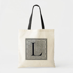 Block Letter "L" Woodcut Woodblock Inital Tote Bag