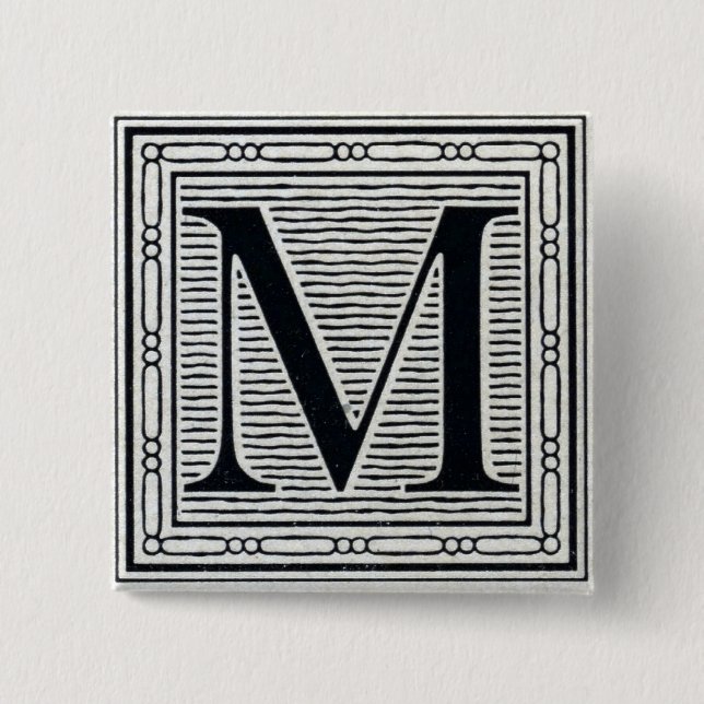 Block Letter "M" Woodcut Woodblock Inital 2 Inch Square Button (Front)