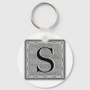 Block Letter "S" Woodcut Woodblock Inital Keychain