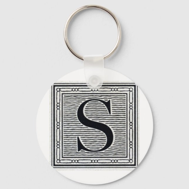 Block Letter "S" Woodcut Woodblock Inital Keychain (Front)