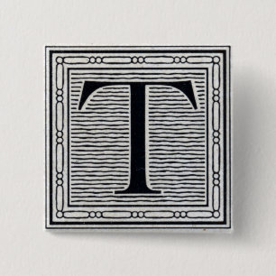 Block Letter "T" Woodcut Woodblock Inital 2 Inch Square Button