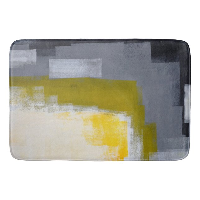 'Block Party' Grey and Yellow Abstract Art Bath Mat (Front)