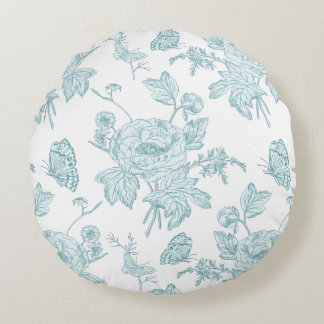 Block Print Aqua Round Throw Pillow