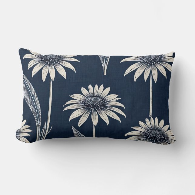Block print blue and white Coneflower Lumbar Pillow (Front)