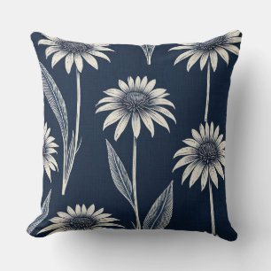 Block print blue and white Coneflower Throw Pillow