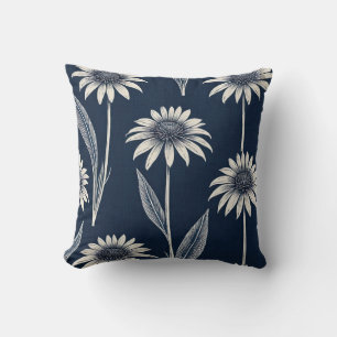 Block print blue and white Coneflower Throw Pillow