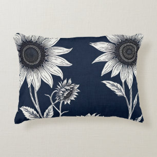 Block print blue and white Sunflowers Accent Pillow