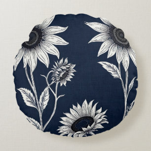Block print blue and white Sunflowers Round Pillow