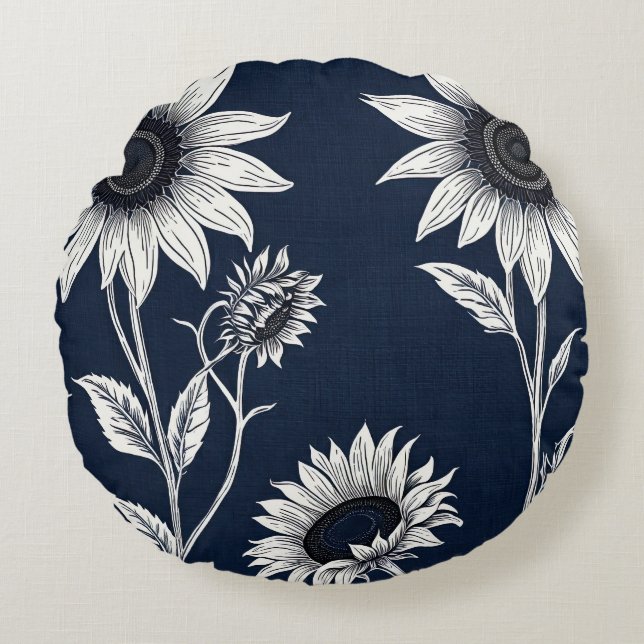 Block print blue and white Sunflowers Round Pillow (Front)